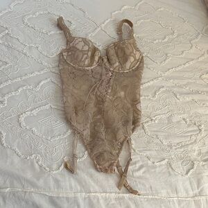 Victoria's Secret Taupe Lace Bustier Teddy with Garter Straps